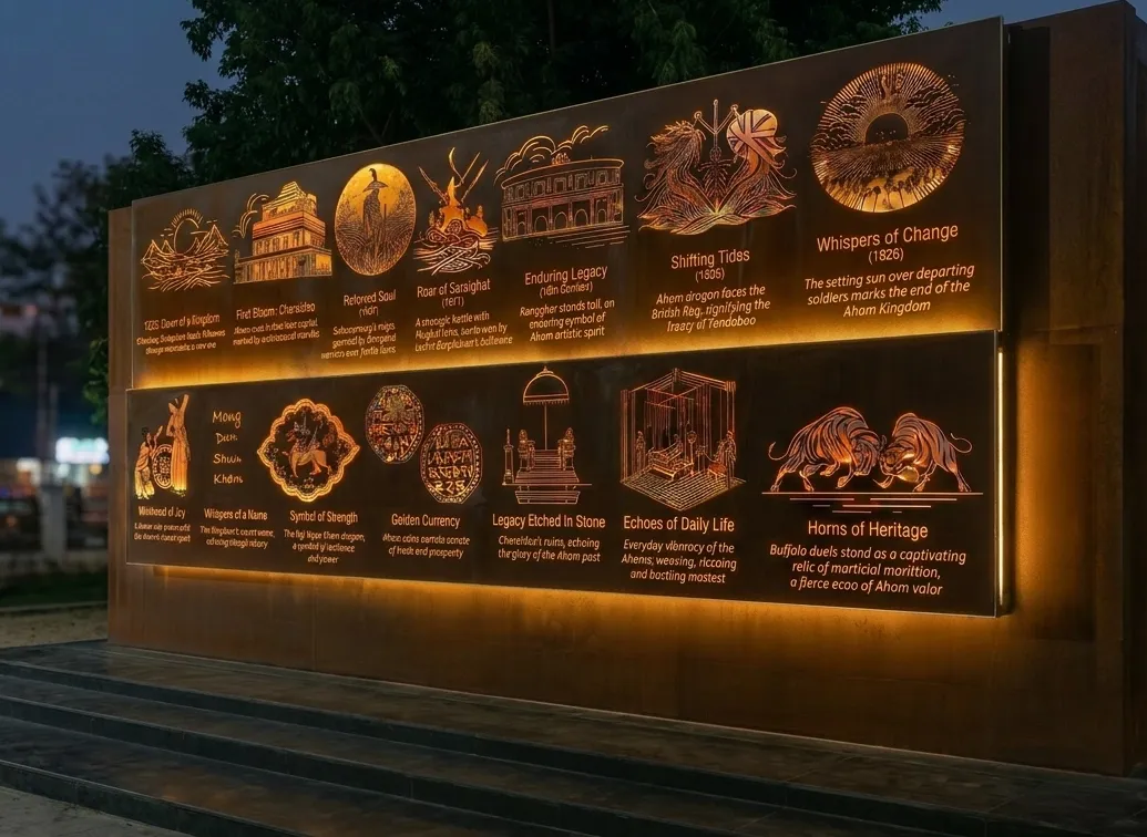 Side view of the backlit bronze relief wall charting Ahom-dynasty history